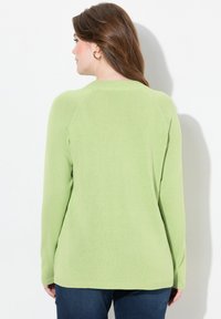 Vaaleanvihreä neulottu pusero, jossa on pitkät hihat, pyöreä pääntie ja ribbireuna. Mukana saumattomat raglan-hihat, jotka tarjoavat sileän istuvuuden.