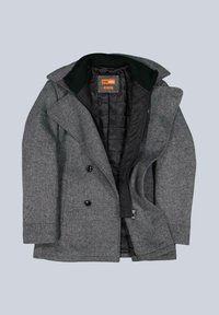 Grauer doppelt geknöpfter Mantel mit schwarzen Knöpfen, wollähnlicher Textur und einem gesteppten schwarzen Innenfutter. Verfügt über einen umgeschlagenen Kragen und seitliche Taschen.