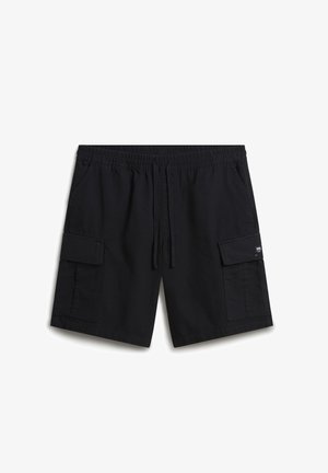 Czarne szorty cargo z bawełny, z elastycznym paskiem w talii i troczkiem, posiadające boczne i przednie kieszenie oraz mały detal z logo.