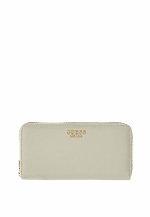 Portefeuille beige clair Guess avec fermeture éclair, lettrage du logo doré et finition texturée.