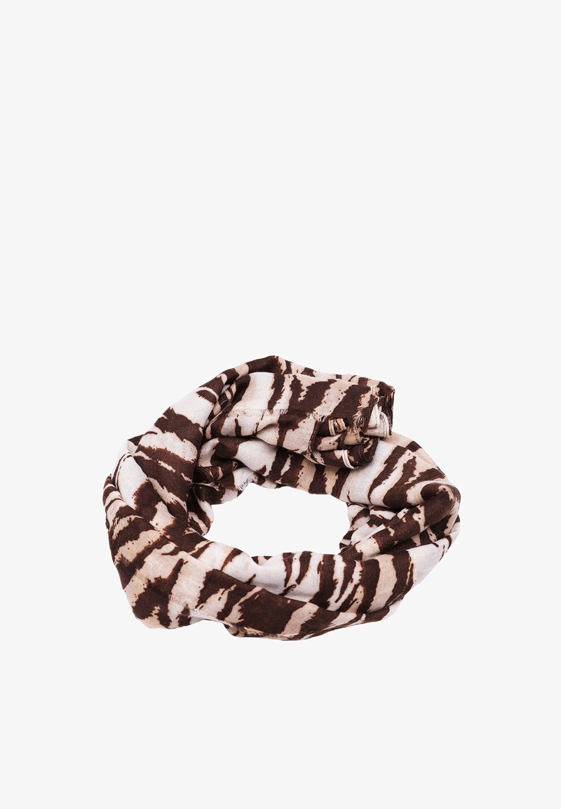 Scarf infinito marrone e bianco con motivo, realizzato in tessuto morbido, presenta una texture liscia e strisce irregolari in forma circolare.