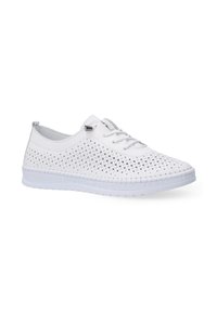 Weiße Sneaker mit einem gewebten Textiloberteil, runder Zehenpartie, elastischen Schnürsenkeln und einer strukturierten Gummisohle. Entwickelt für Atmungsaktivität und Komfort.