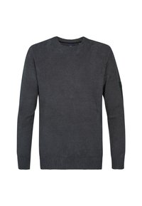 Pull en tricot gris avec un col rond, des manches longues, des poignets et un ourlet côtelés. Texture lisse avec un léger éclat, sans motifs marquants.