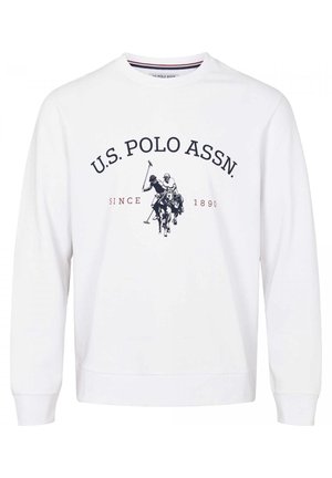 Sweat-shirt blanc à manches longues avec le texte « U.S. Polo Assn. » et un graphisme de deux joueurs de polo à cheval centré sur la poitrine.