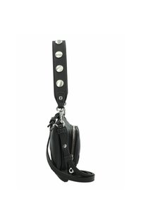 Black leather crossbody bag with a textured finish. Features a zipper, adjustable strap, and metallic studs along the strap.