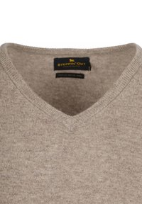 Beige V-hals trui gemaakt van zacht wol, met een gladde textuur en ribbelrandjes, met een label met de tekst "STEPPIN' OUT."