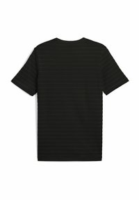 Sort kortærmet T-shirt med subtile vandrette striber, rund hals og en glat bomuldsstruktur. Ingen grafiske elementer eller accenter.