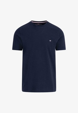 Navyblauwe katoenen t-shirt met korte mouwen, voorzien van een ronde hals en een klein logo op de borst. Soepele textuur en casual pasvorm.