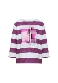 Lila- und weiße gestreifte Bluse mit einem quadratischen Grafikdesign, das abstrakte Formen zeigt. Weicher Stoff, Dreiviertelärmel und lockere Passform.