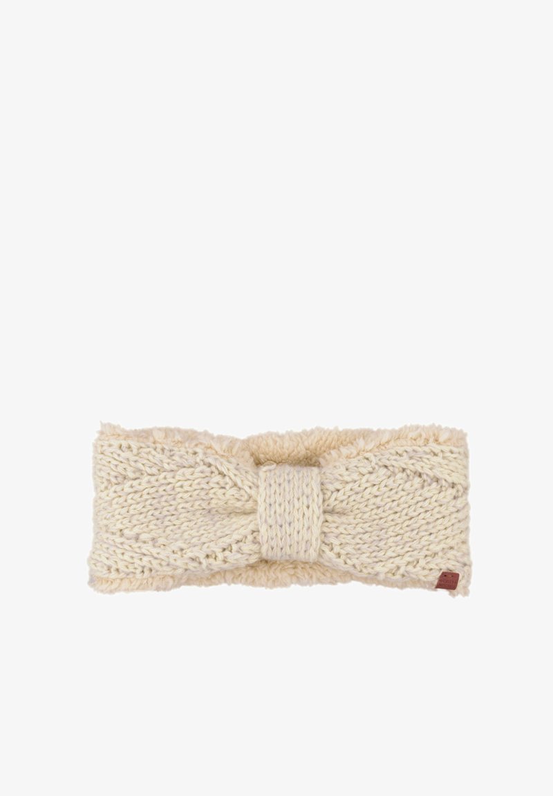 Knit hoofdband in crèmekleur, met een textuurpatroon en een zachte, pluizige binnenvoering. Desserende vetersluiting in het midden met subtiele accenten.