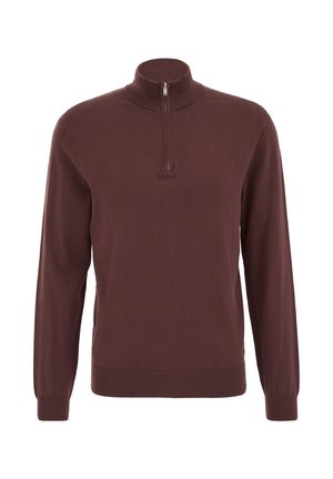 Bruine trui met rits aan de hals, lange mouwen, geribbelde kraag en manchetten, zachte gebreide stof, voorzien van een korte rits aan de hals.