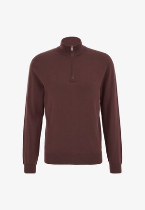 Jersey marrón con cremallera y cuello alto, mangas largas, cuello y puños acanalados, tejido de punto suave, con una cremallera corta en el cuello.