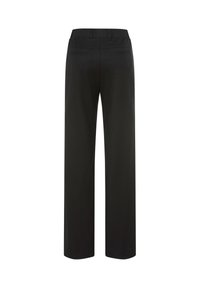 Pantalons noirs à jambes larges avec une texture douce, dotés d'une taille élastique et de deux poches arrière, conçus pour le confort et la liberté de mouvement.