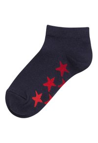 Calzini alla caviglia blu navy con cinque stelle rosse lungo il lato esterno. Realizzati in tessuto morbido con un polsino a coste per una vestibilità sicura.
