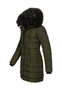 Olivegrüner gepolsterter Wintermantel mit Kapuze aus Kunstfell, Reißverschluss und Druckknopfverschluss, mehreren Taschen und gerippten Bündchen. Verfügt über eine gesteppten Textur.