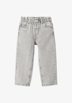 Svetlosivé rifľové nohavice s elastickým pásom, dvoma prednými vreckami, zapínaním na gombík a rovnými nohavicami. Textúrovaná látka s minimálnymi detailmi.