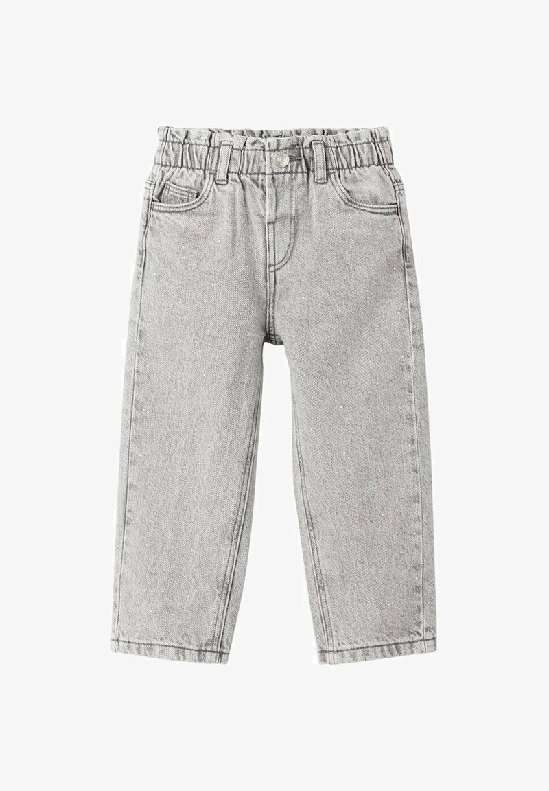 Svetlo sive kavbojke iz jeansa z elastičnim pasom, dvema sprednjima žepoma, gumbno zapiranjem in ravnimi hlačnicami. Tkanina z teksturo in minimalnimi detajli.