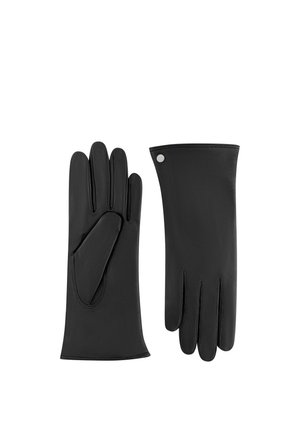 Schwarze Lederhandschuhe mit glatter Oberfläche, einer zeigt die Handfläche, der andere die Rückseite mit einem kleinen silbernen Knopf in der Nähe des Handgelenks.