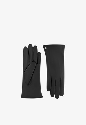 Schwarze Lederhandschuhe mit glatter Oberfläche, einer zeigt die Handfläche, der andere die Rückseite mit einem kleinen silbernen Knopf in der Nähe des Handgelenks.