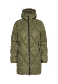 Olijfgroene gewatteerde pufferjas met een capuchon, voorzien van diagonale stiksels, ritssluiting en twee zijzakken. Getextureerde, lichtgewicht stof.