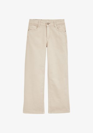 Beige Weite-Leg-Jeans mit Fronttaschen, einem Knopfverschluss und kontrastierenden Nähdetails. Glattes Baumwollmaterial mit lockerer Passform.