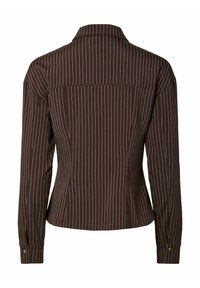 Chemise marron à manches longues avec fines rayures verticales blanches, poignets boutonnés et taille cintrée, vue de dos.