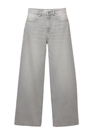 Szerokie szare dżinsy z wysokim stanem, z pięcioma kieszeniami, zamkiem błyskawicznym i widocznym szwem. Miękka tekstura z lekko wypłowiałym wykończeniem.