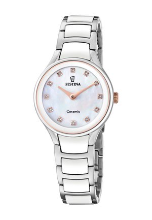 Srebrna in bela keramična ročna ura Festina z številčnico iz biserne matice, rožnato zlati kazalci in diamantnimi označevalci ur, ki prikazuje 2:10.