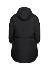 Zwarte geïsoleerde jas met een capuchon, lange mouwen en een getailleerde taille. Glad textuur met een iets langere achterzoom.