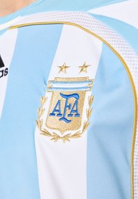 Φανέλα ποδοσφαίρου της Αργεντινής με εναλλασσόμενες γαλάζιες και λευκές ρίγες. Χρυσό κέντημα με μπλε γράμματα και δύο αστέρια πάνω από αυτό.