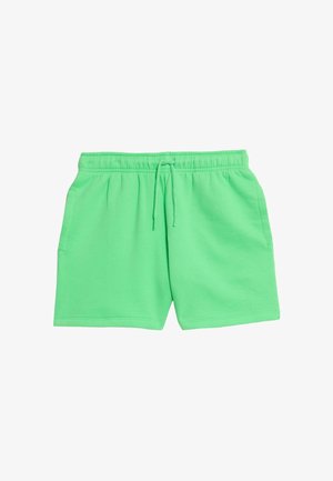 Zielone bawełniane szorty z elastycznym pasem i sznurkiem do regulacji, z dwoma bocznymi kieszeniami i gładką fakturą.