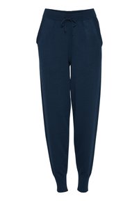 Marineblauwe joggingsbroek van een zachte, gestructureerde stof met een elastische tailleband en een trekkoord. Heeft taps toelopende pijpen en zijzakken.