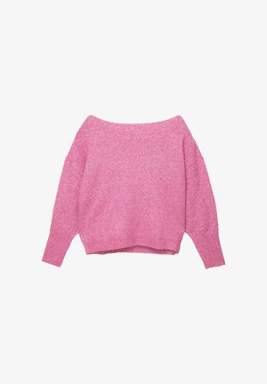 Maglione rosa scollato sulle spalle con una vestibilità ampia, realizzato in morbido tessuto a maglia, con maniche lunghe e orlo leggermente accorciato.