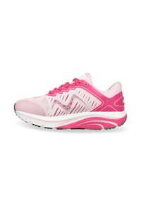 Lightweight running shoe with a pink and white mesh upper, patterned accents, and a cushioned white midsole. Features flat laces and a rounded toe.