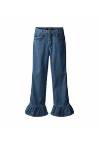 Denim flared jeans i mørkeblå, med en volangkant og frontlommer. Stoffet er mykt med en lett glans og solid søm.