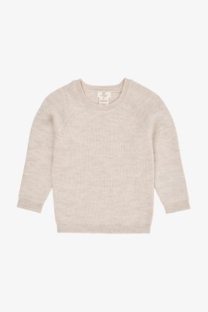 Svetlo bež rebrast pulover z dolgimi rokavi in okroglo ovratnikom. Mehka tekstura z sproščenim krojem in subtilno šivano detajlacijo.