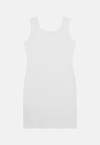 White ribbed tank dress with a fitted silhouette, sleeveless design, and round neckline. Smooth texture with no visible patterns or accents.