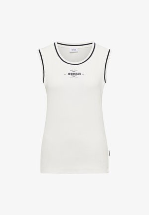 Débardeur blanc sans manches avec bordure noire et petit texte à thème océan sur la poitrine indiquant "ocean breeze and sea."