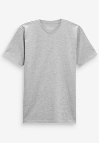 Graues kurzärmliges V-Ausschnitt T-Shirt aus weichem Baumwollgemisch, mit leichtem Stoff und klassischer Passform, geeignet für die Freizeit.