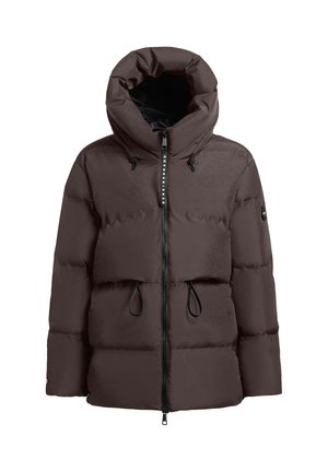 Bruine pufferjack met een hoge kraag, verstelbare trekkoorden in de taille en een volledige rits. Glad, mat stoftextuur.