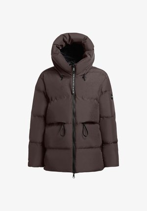 Brown puffer jacket featuring a high collar, adjustable drawstrings at the waist, and a full zipper. Smooth, matte fabric texture.