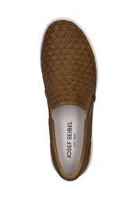 Brown slip-on shoe with a woven texture, padded collar, and white sole. Features the brand name "JOSEF SEIBEL" inside.