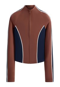 Veste marron à manches longues zippée avec des panneaux latéraux bleu marine et des passepoils blancs, avec un col montant et une coupe slim.