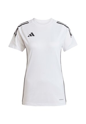 T-shirt atletica bianca con accenti neri e tre strisce sulle spalle, realizzata in materiale traspirante, con collo rotondo e maniche corte.