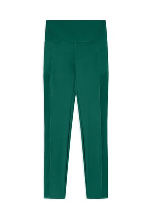 Zelené legíny vyrobené z elastického materiálu, s vysokým pasem a bočními kapsami, s hladkou texturou a přiléhavým střihem.