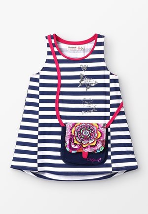 Marineblauw en witte gestreepte mouwloze top met een ronde hals, zilveren grafische details en een afneembare tas met een bloemmotief in levendige kleuren.