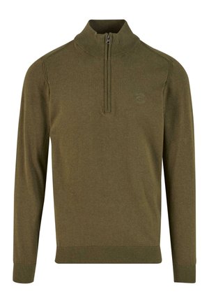 Pull-over à manches longues vert olive avec col, poignets et ourlet côtelés, et fermeture à glissière quart sur le devant.