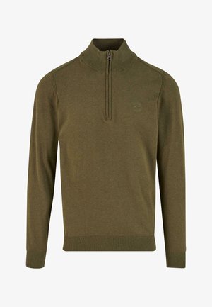 Pull-over à manches longues vert olive avec col, poignets et ourlet côtelés, et fermeture à glissière quart sur le devant.