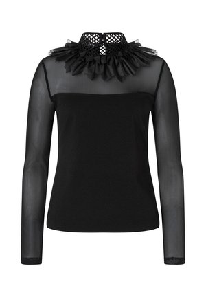 Haut noir avec de longues manches transparentes, ornée d'un col froncé texturé. Le tissu est lisse avec un corsage ajusté et une fermeture au dos.