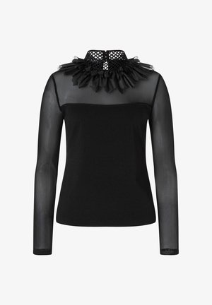 Haut noir avec de longues manches transparentes, ornée d'un col froncé texturé. Le tissu est lisse avec un corsage ajusté et une fermeture au dos.